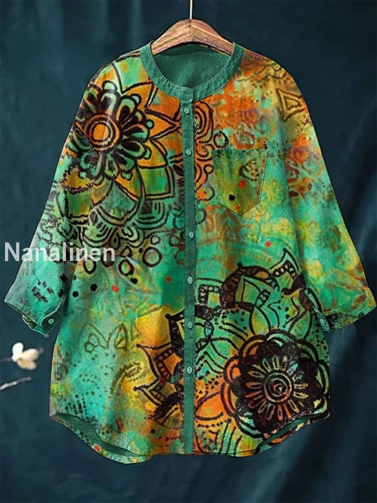 Women’s Vintage Floral Art Print Casual Cotton Linen Round Neck Top Colorful / S