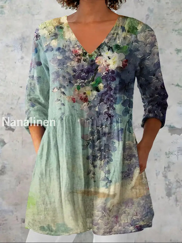 Women’s Vintage Floral Art Print Casual V-Neck Three-Quarter Sleeve Elegant Cotton Linen Top A / S