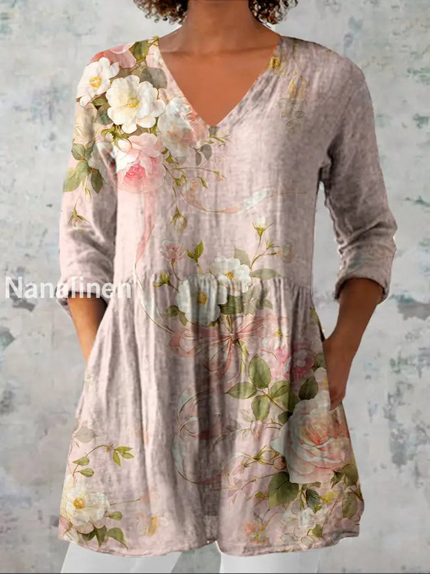 Women’s Vintage Floral Art Print Casual V Neck Three Quarter Sleeve Elegant Cotton Linen Top A / S