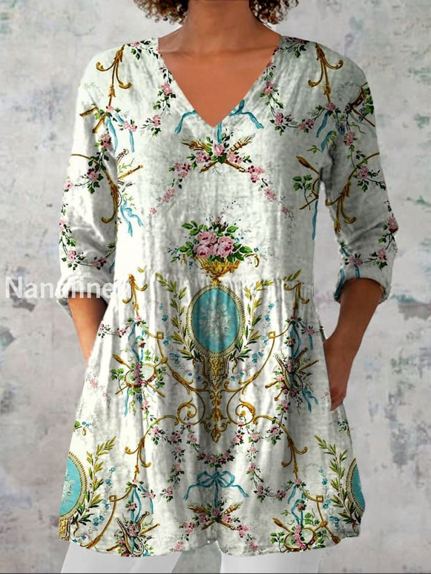 Women’s Vintage Floral Art Print Casual V Neck Three Quarter Sleeves Elegant Cotton Linen Top A / S