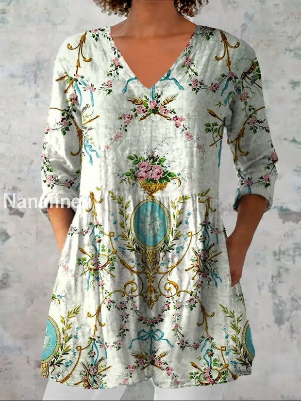 Women’s Vintage Floral Art Print Casual V Neck Three Quarter Sleeves Elegant Cotton Linen Top A / S