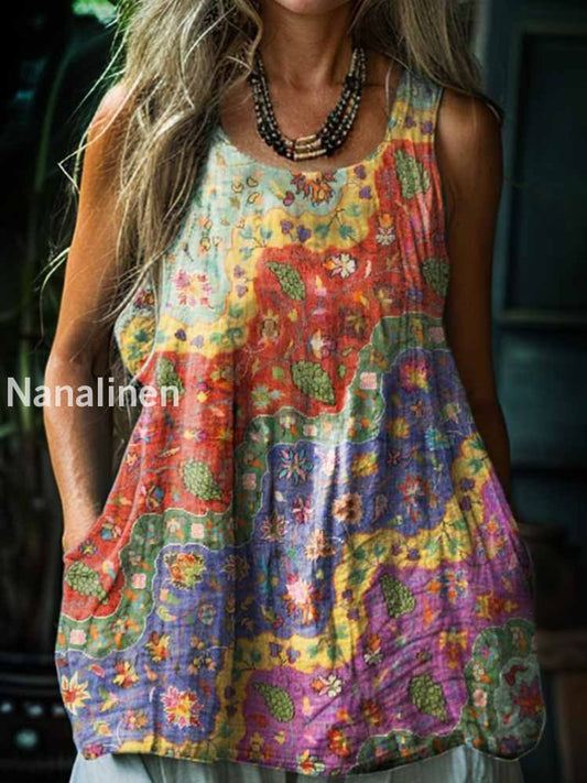 Women’s Vintage Floral Art Print Cotton Crew Neck Top A / S