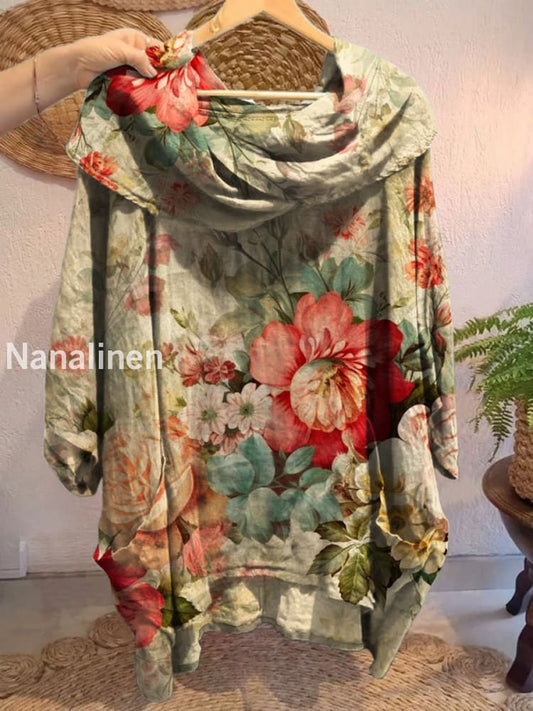 Women’s Vintage Floral Art Print Front and Back Short Sleeve Cotton Shirt A / S