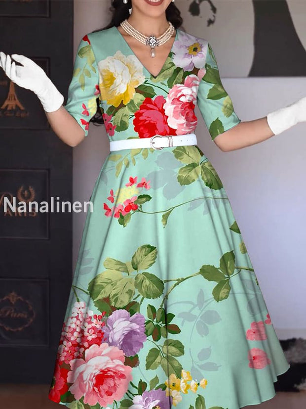 Women’s Vintage Floral Art Print Pocket Cotton Temperament Elegant Midi Dress A / S