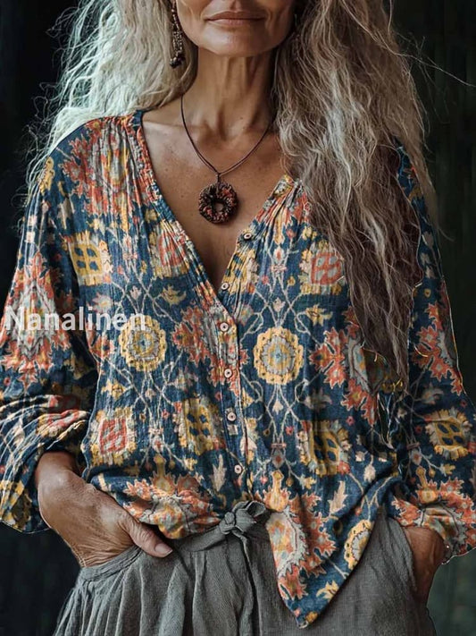 Women’s Vintage Floral Art Print V-Neck Casual Cotton And Linen Shirt Colorful / S