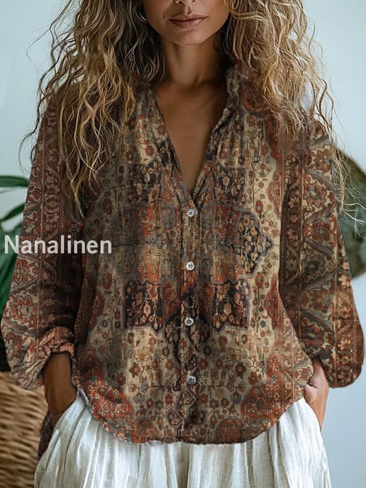 Women’s Vintage Floral Art Print V-Neck Casual Cotton and Linen Shirt Top A / S