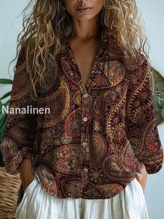 Women’s Vintage Floral Art Print V-Neck Casual Cotton and Linen Shirt Top A / S