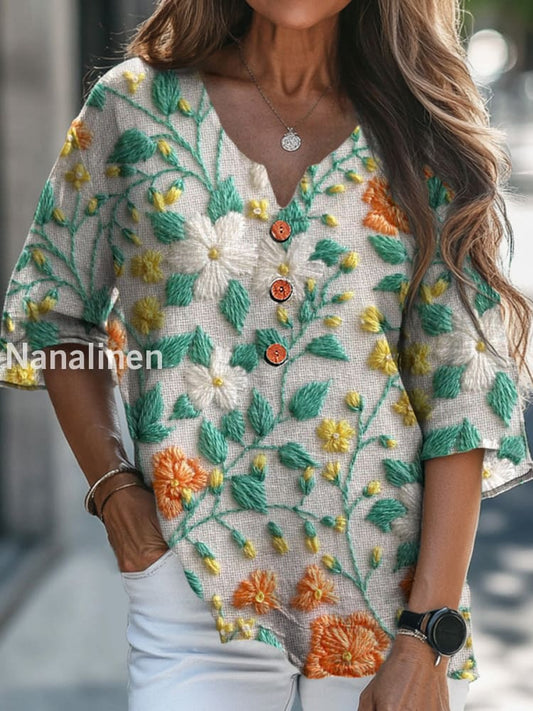 Women’s Vintage Floral Art Print V-Neck Casual Cotton and Linen Shirt Top A / S