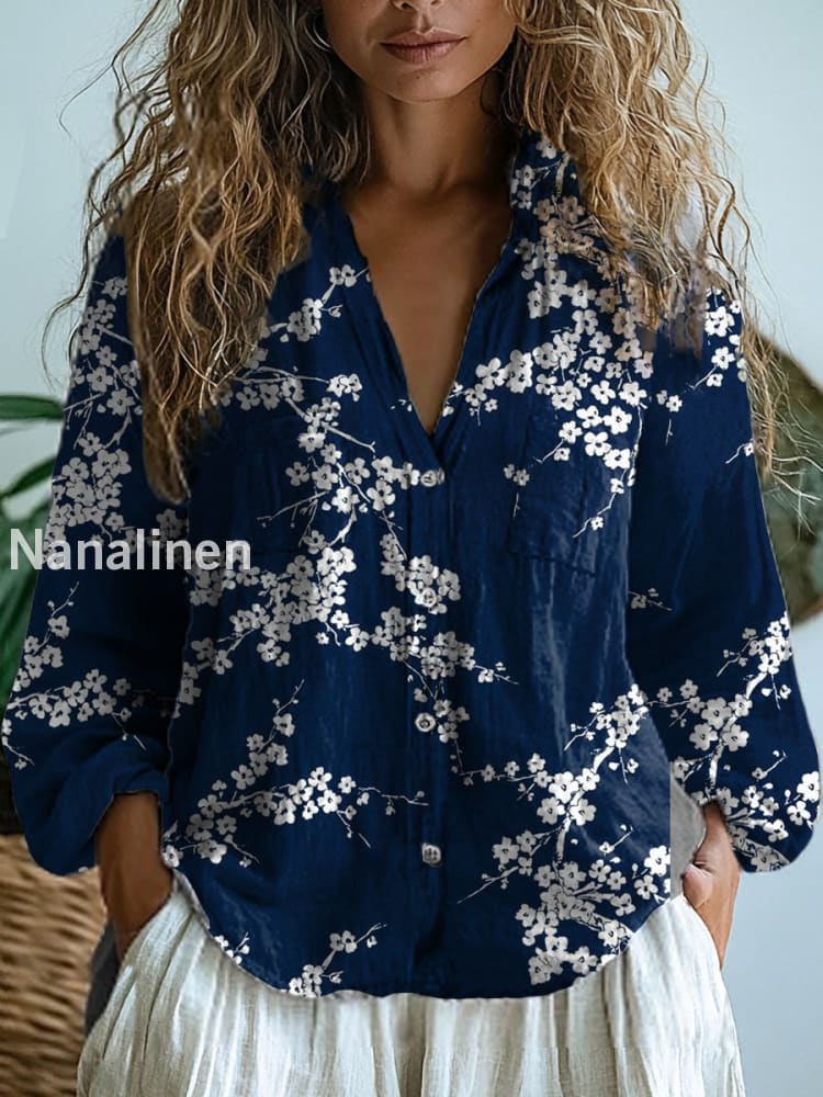 Women’s Vintage Floral Art Print V-Neck Casual Cotton and Linen Shirt Top A / S