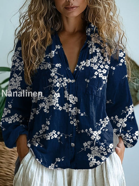 Women’s Vintage Floral Art Print V-Neck Casual Cotton and Linen Shirt Top A / S