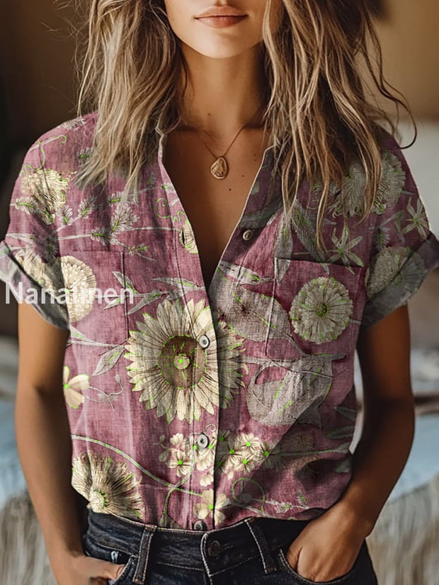 Women’s Vintage Floral Art Print V-Neck Casual Cotton and Linen Shirt Top A / S