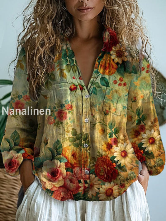 Women’s Vintage Floral Art Print V-Neck Casual Cotton and Linen Shirt Top A / S