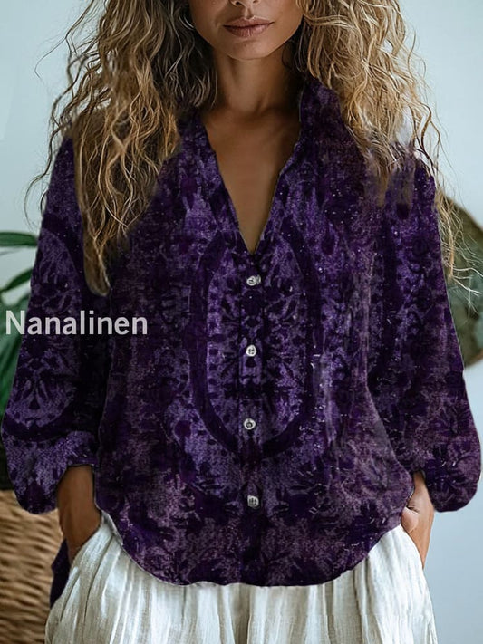 Women’s Vintage Floral Art Print V-Neck Casual Cotton and Linen Shirt Top A / S