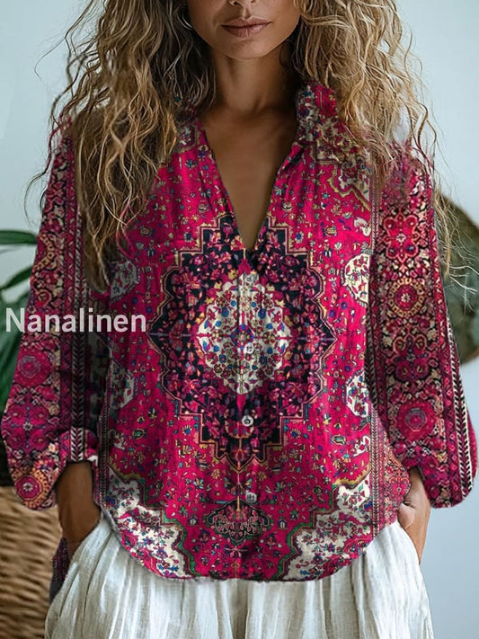 Women’s Vintage Floral Art Print V-Neck Casual Cotton and Linen Shirt Top A / S