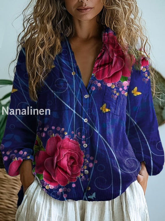 Women’s Vintage Floral Art Print V-Neck Casual Cotton and Linen Shirt Top A / S