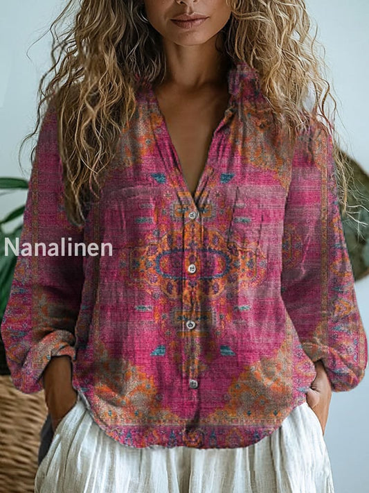 Women’s Vintage Floral Art Print V-Neck Casual Cotton and Linen Shirt Top A / S