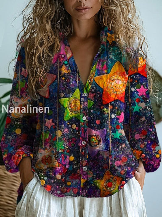 Women’s Vintage Floral Art Print V-Neck Casual Cotton and Linen Shirt Top A / S