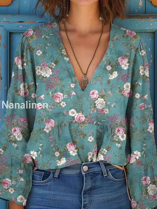 Women’s Vintage Floral Art Print V-Neck Casual Cotton and Linen Shirt Top A / S