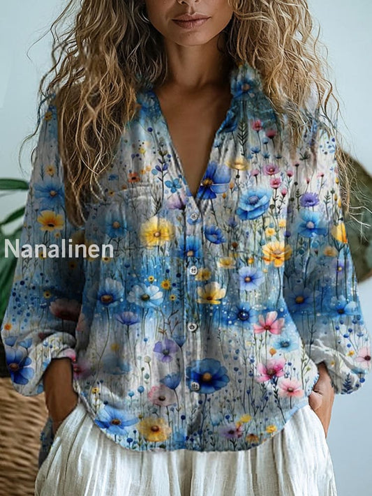 Women’s Vintage Floral Art Print V-Neck Casual Cotton and Linen Shirt Top A / S