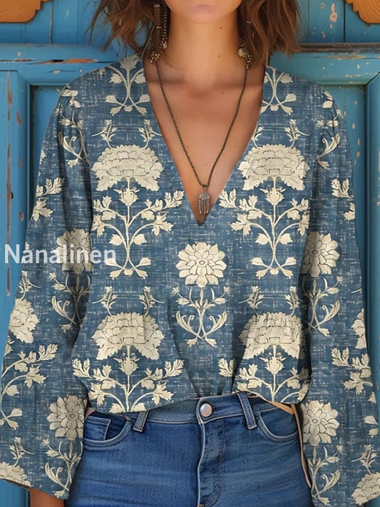 Women’s Vintage Floral Art Print V-Neck Casual Cotton and Linen Shirt Top A / S