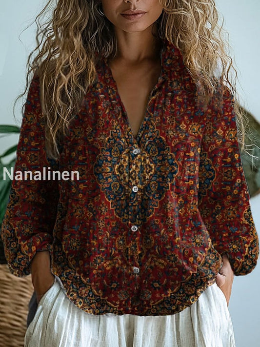 Women’s Vintage Floral Art Print V-Neck Casual Cotton and Linen Shirt Top A / S