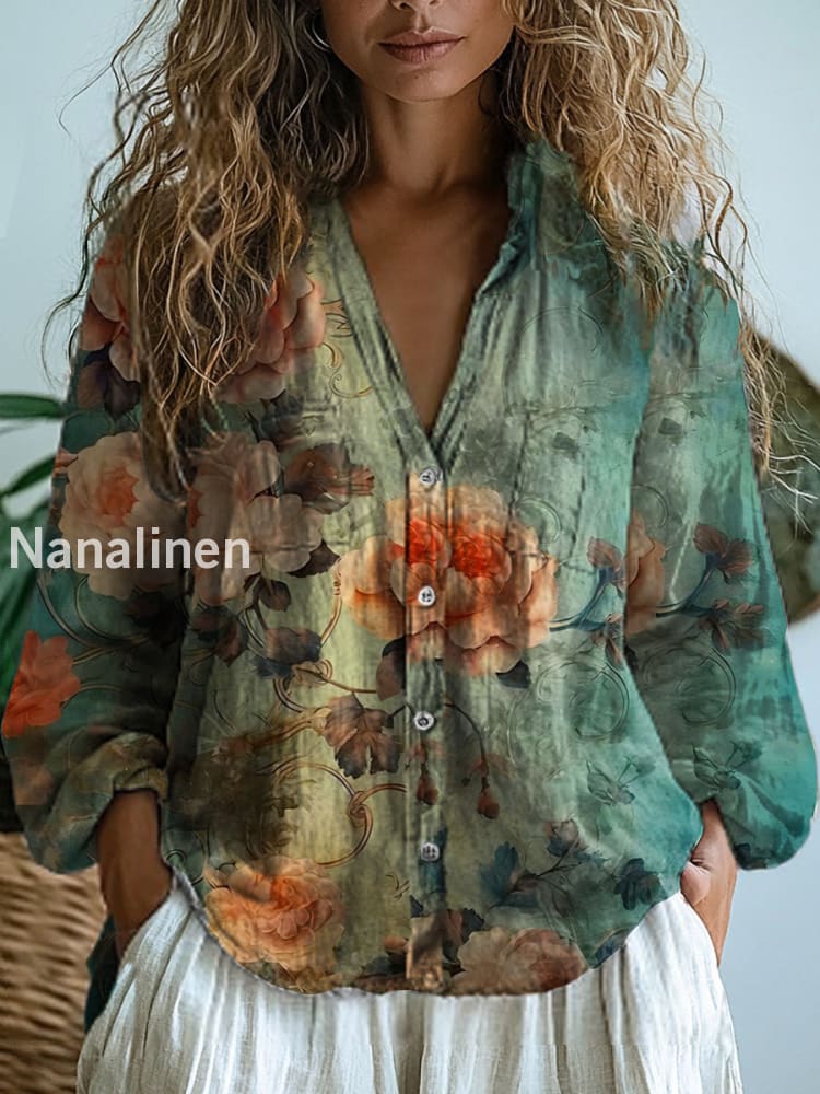 Women’s Vintage Floral Art Print V-Neck Casual Cotton and Linen Shirt Top A / S