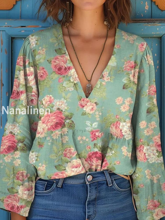 Women’s Vintage Floral Art Print V-Neck Casual Cotton and Linen Shirt Top A / S