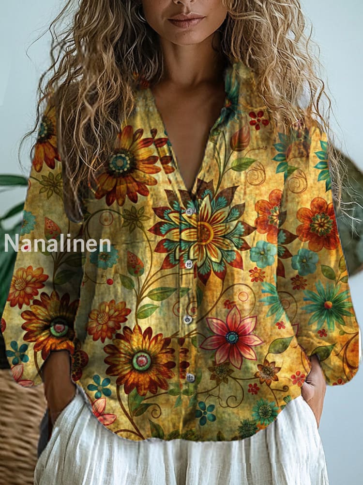 Women’s Vintage Floral Art Print V-Neck Casual Cotton and Linen Shirt Top A / S