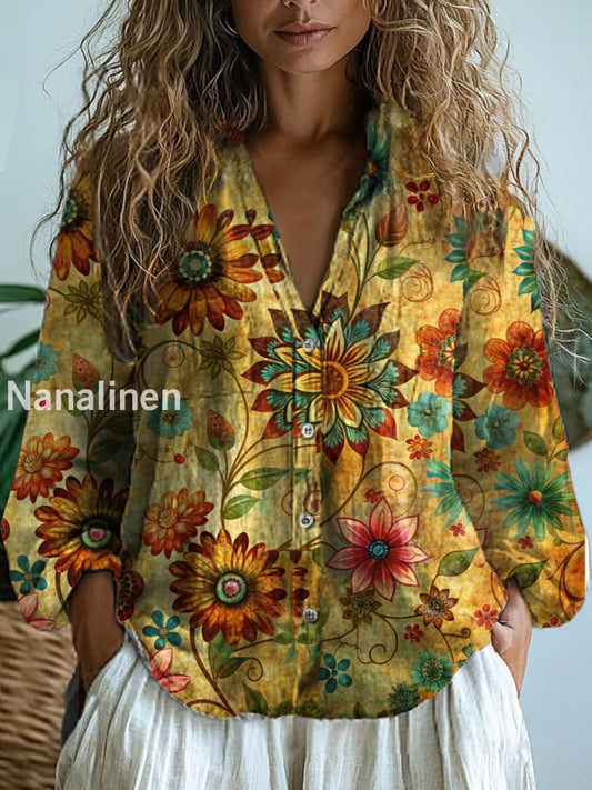 Women’s Vintage Floral Art Print V-Neck Casual Cotton and Linen Shirt Top A / S