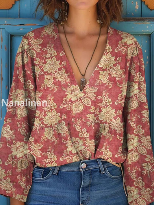 Women’s Vintage Floral Art Print V-Neck Casual Cotton and Linen Shirt Top A / S