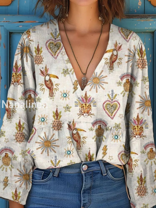 Women’s Vintage Floral Art Print V-Neck Casual Cotton and Linen Shirt Top A / S