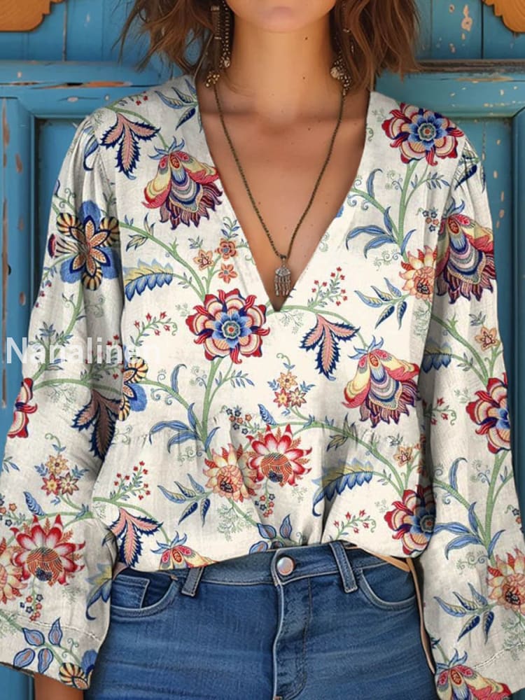 Women’s Vintage Floral Art Print V-Neck Casual Cotton and Linen Shirt Top A / S