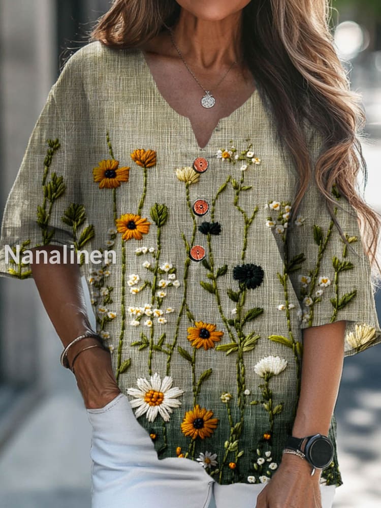 Women’s Vintage Floral Art Print V-Neck Casual Cotton and Linen Shirt Top A / S