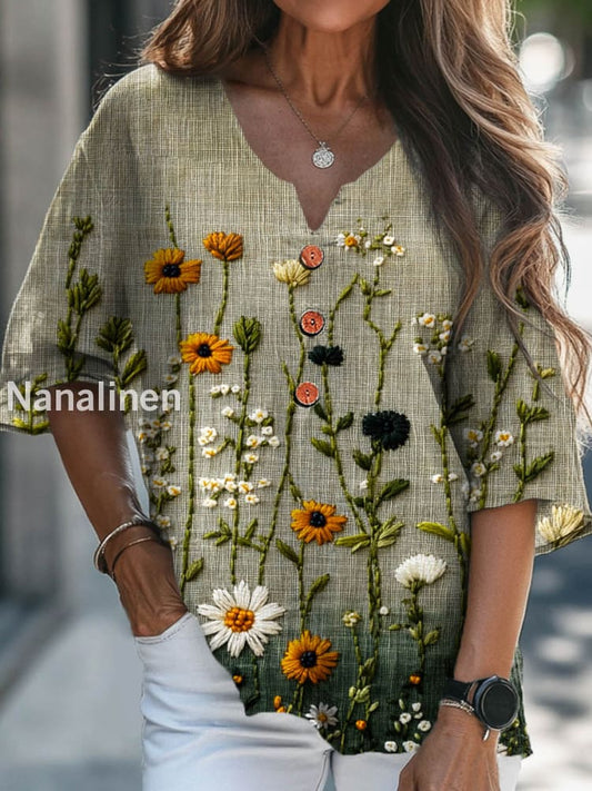 Women’s Vintage Floral Art Print V-Neck Casual Cotton and Linen Shirt Top A / S