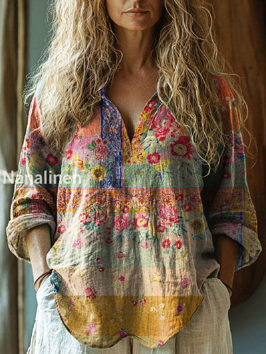 Women’s Vintage Floral Art Print V-Neck Casual Cotton and Linen Shirt Top A / S