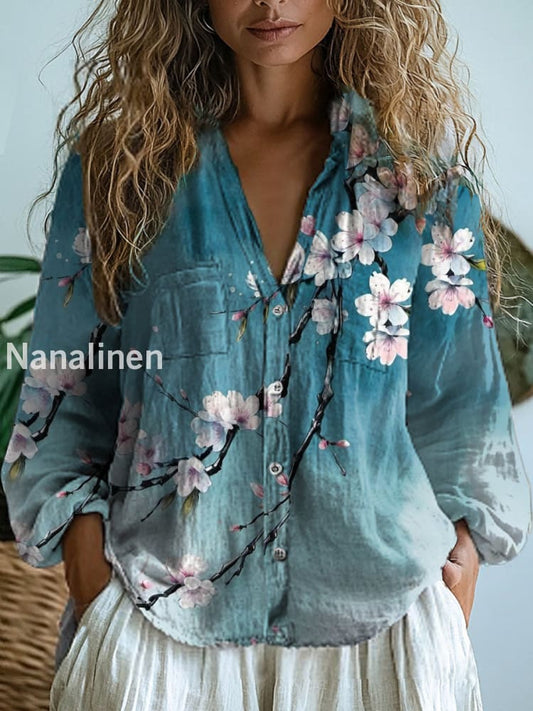 Women’s Vintage Floral Art Print V-Neck Casual Cotton and Linen Shirt Top A / S