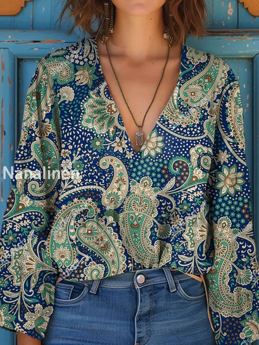 Women’s Vintage Floral Art Print V-Neck Casual Cotton and Linen Shirt Top A / S