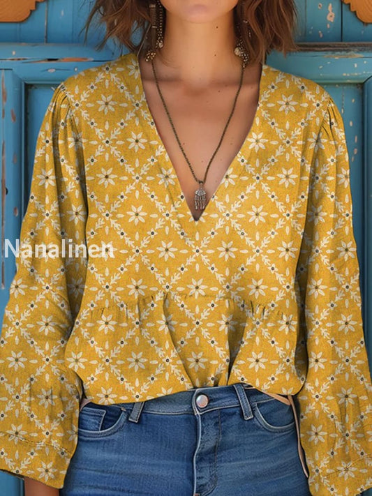 Women’s Vintage Floral Art Print V-Neck Casual Cotton and Linen Shirt Top A / S