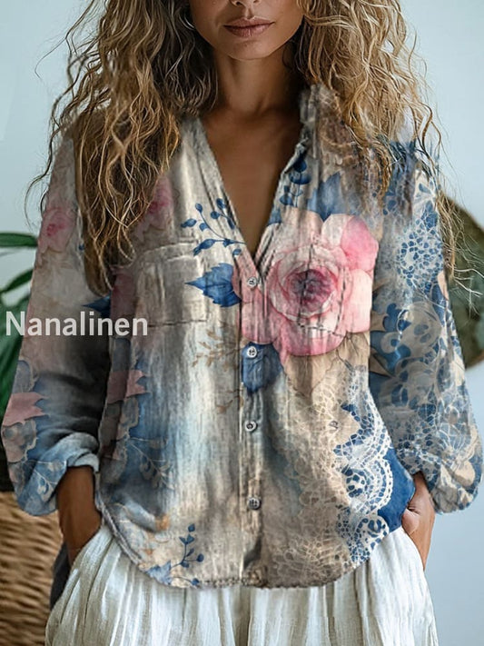 Women’s Vintage Floral Art Print V-Neck Casual Cotton and Linen Shirt Top A / S