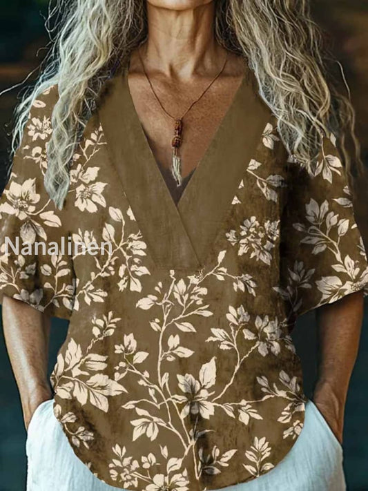 Women’s Vintage Floral Art Print V-Neck Casual Cotton And Linen Top Brown / S