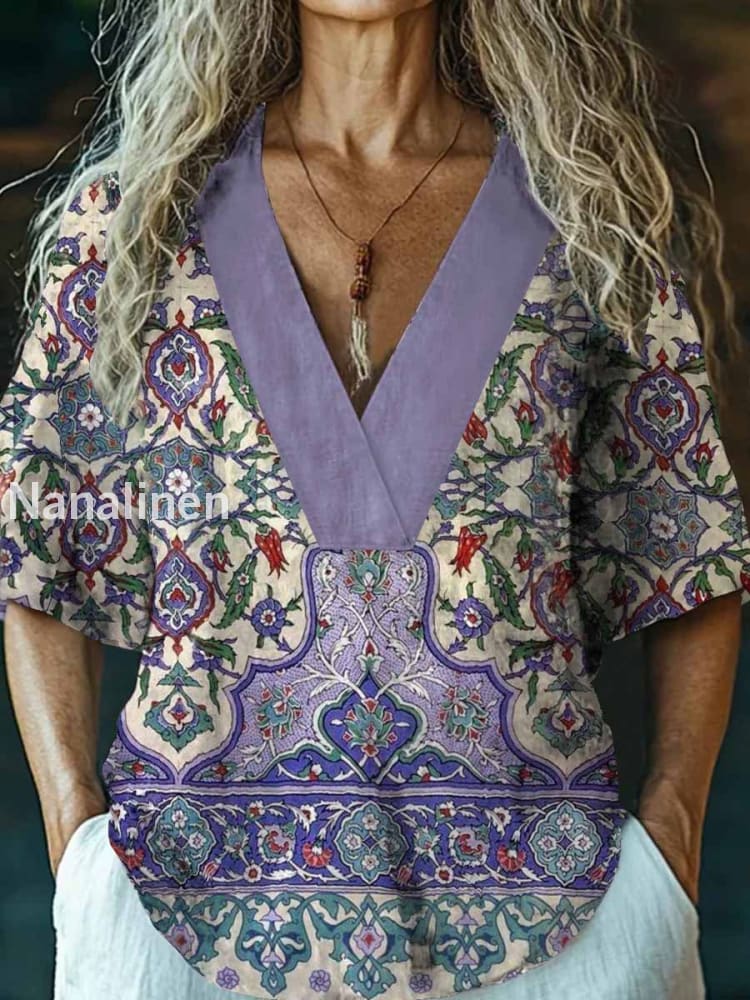 Women’s Vintage Floral Art Print V-Neck Casual Cotton And Linen Top Colorful / S