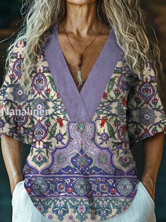 Women’s Vintage Floral Art Print V-Neck Casual Cotton And Linen Top Colorful / S