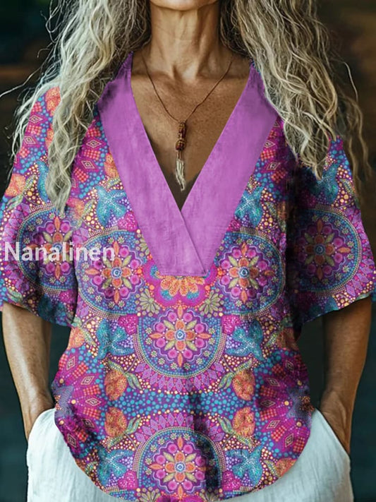 Women’s Vintage Floral Art Print V-Neck Casual Cotton And Linen Top Colorful / S