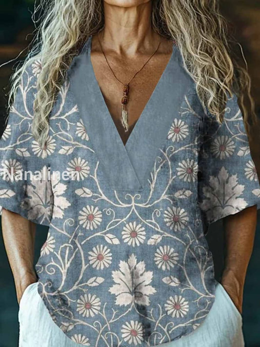 Women’s Vintage Floral Art Print V-Neck Casual Cotton And Linen Top Colorful / S