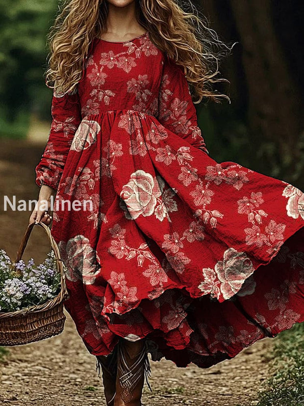 Women’s Vintage Floral Art Print V Neck Elegant Chic Loose Long Sleeve Midi Dress A / S