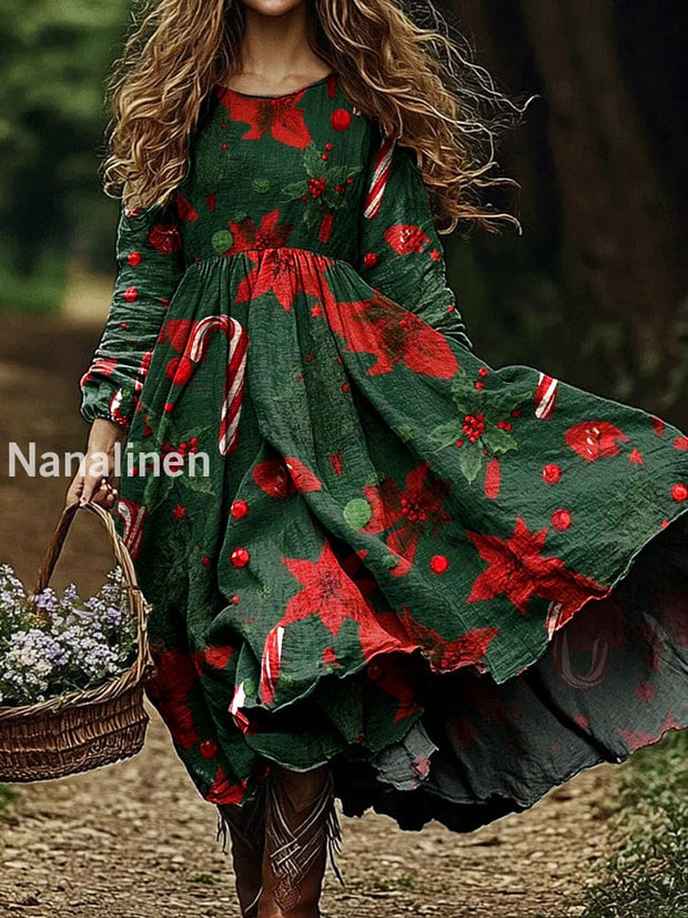 Women’s Vintage Floral Art Print V Neck Elegant Chic Loose Long Sleeve Midi Dress A / S