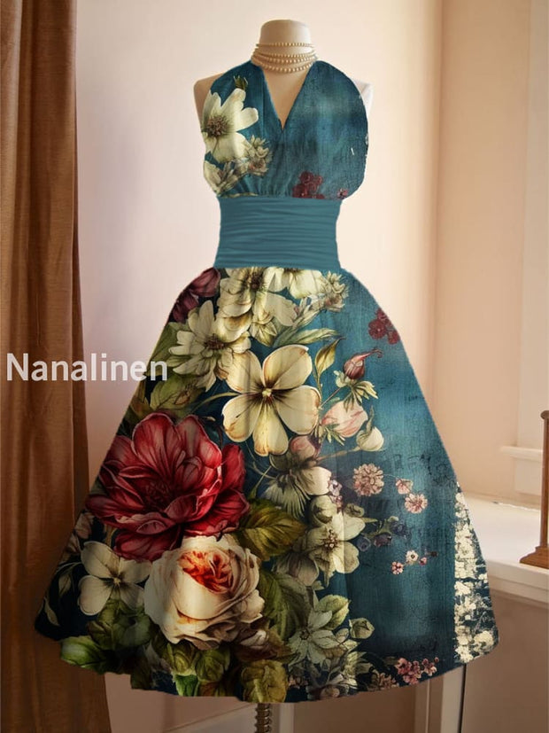Women’s Vintage Floral Art Print V Neck Elegant Midi Dress A / S