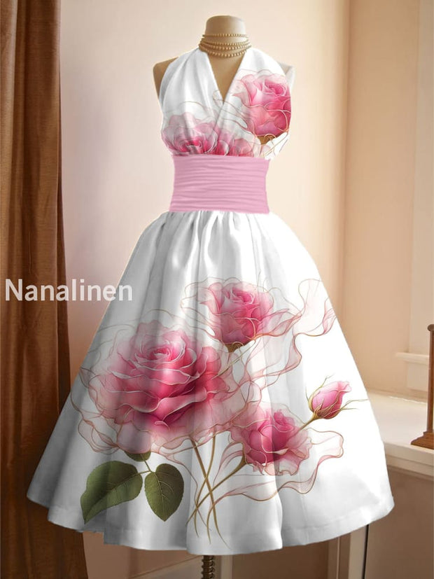 Women’s Vintage Floral Art Print V Neck Elegant Midi Dress A / S