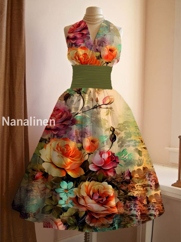 Women’s Vintage Floral Art Print V Neck Elegant Midi Dress A / S