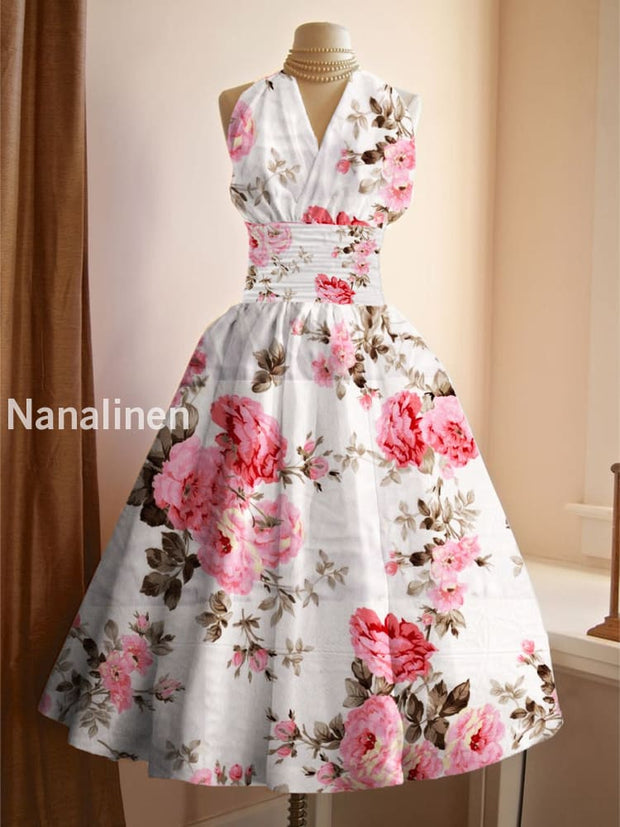 Women’s Vintage Floral Art Print V Neck Elegant Midi Dress A / S
